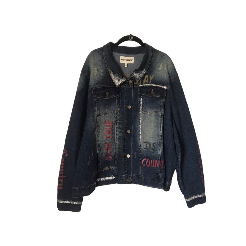Stay‎ Country Denim Jacket Womens Size 3X Dark Wash Graffiti Art Western Trucker